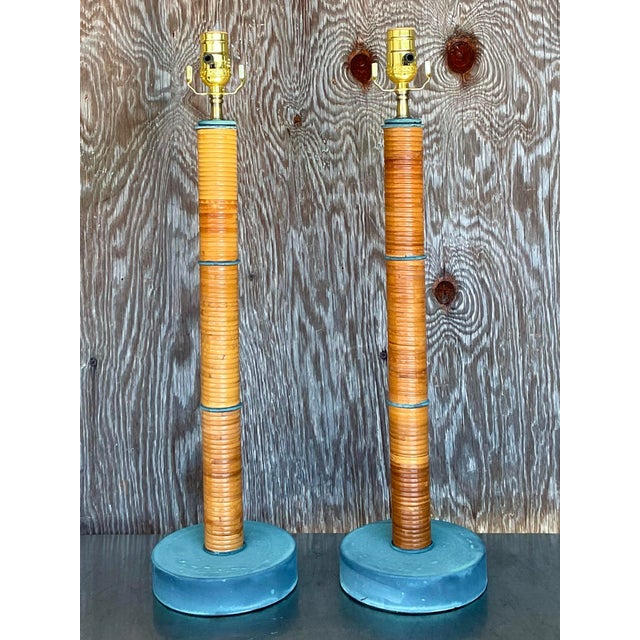 Boho Chic Vintage Coastal Wrapped Pencil Reed Column Lamps - a Pair For Sale - Image 3 of 10