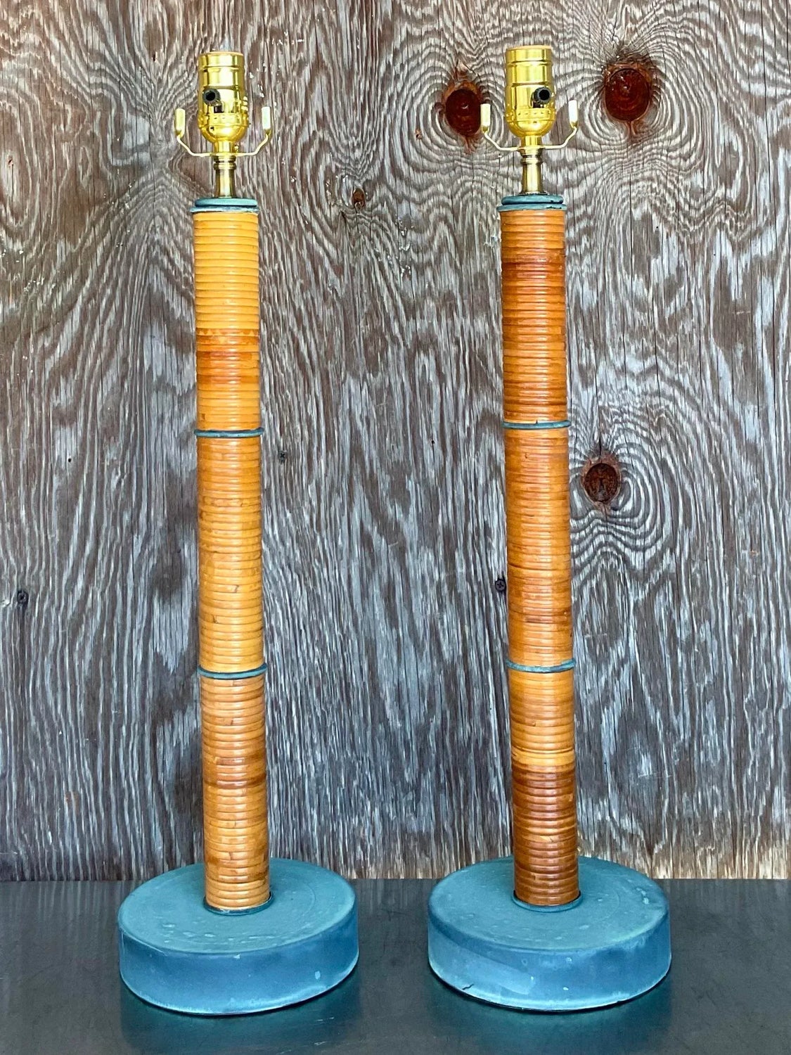 Vintage Coastal Wrapped Pencil Reed Column Lamps - a Pair - Back view