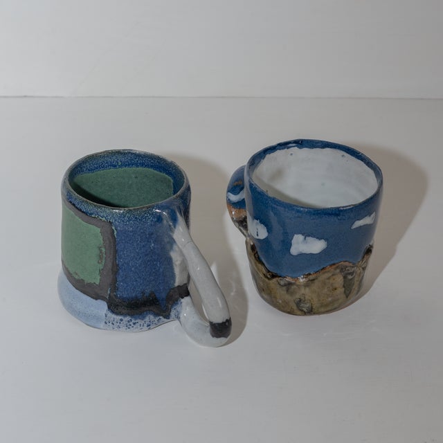 Blue Whimsical Pair of Rustic Studio Pottery Coffee Mugs, by Artist d.o.n. For Sale - Image 8 of 11