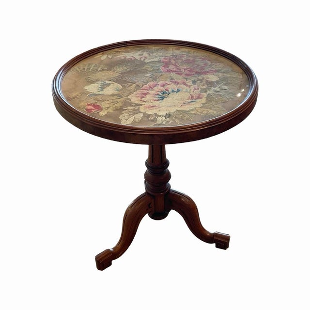 Charming Round Wood Victorian Occasional Table with Ivory, Blue and Pink Floral Needlepoint on Tan Fabric - with Glass Top...