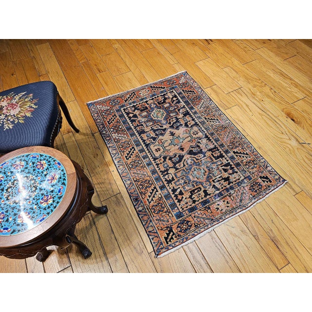 Vintage Persian Heriz Karajah Rug, Hand-Knotted Wool, Geometric Pattern, Blue & Rust-Red, 3x4 For Sale - Image 4 of 14