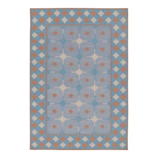 Rug & Kilim’s Contemporary Dhurrie Rug in Blue and Rust Tile Design For Sale