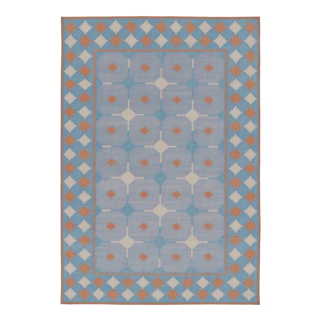 Rug & Kilim’s Contemporary Dhurrie Rug in Blue and Rust Tile Design For Sale