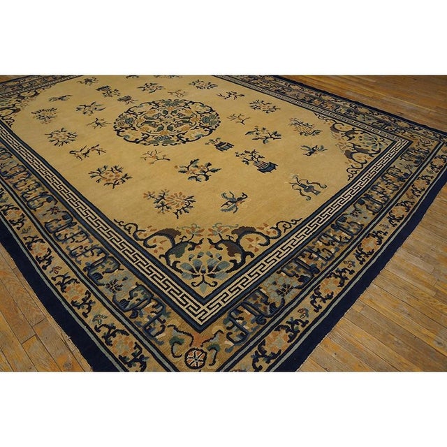 1920s Beige Floral Classic Greek Key Deco Antique Chinese Peking Knotted Rug For Sale - Image 10 of 10