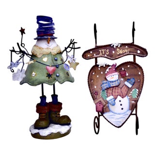 Holiday Snowman & Sled Metal Sculptures Set For Sale