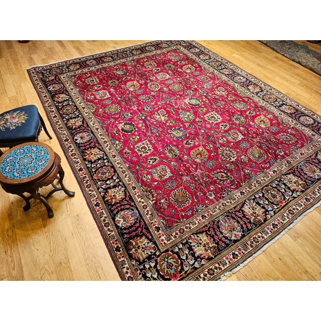 Vintage Tabriz Room Size Rug in Allover Floral Pattern in Red, Navy, Turquoise, Green For Sale - Image 10 of 12