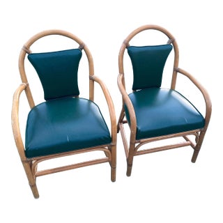 1990s Pair Mid-Century Modern Shelby Williams Green Leather Bentwood Acacia Chairs For Sale