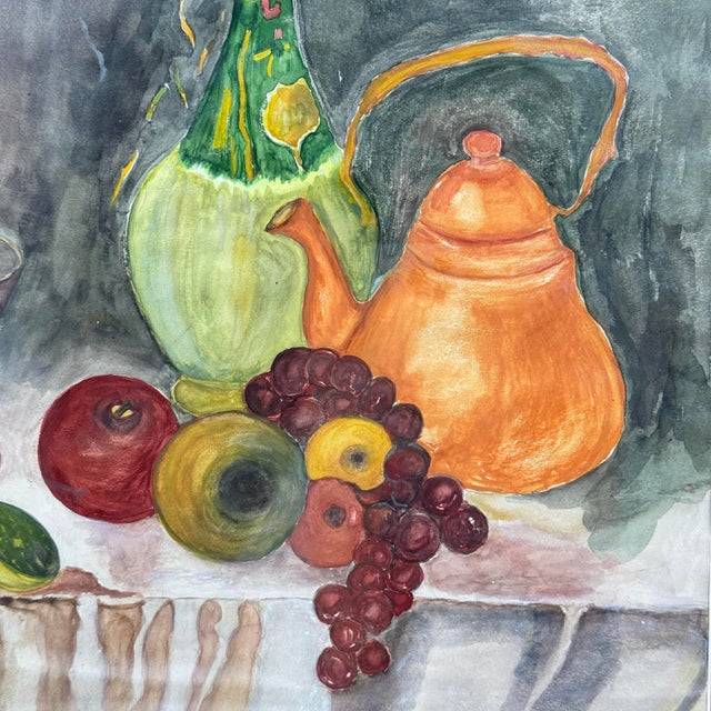 1980s Vintage Original French Country Still Life Watercolor Fruit Wine Copper Pot For Sale - Image 5 of 9