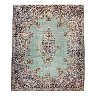 Vintage Oversized Kerman Rug, Hand-Knotted Wool, Floral Pattern, Pale Green & Red, 12x16 For Sale
