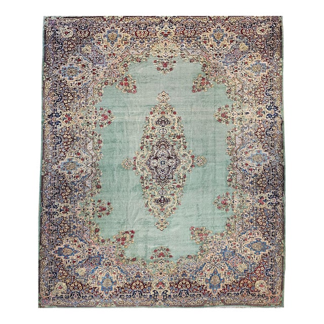 Vintage Oversized Persian Kerman Rug, Hand-Knotted Wool, Floral Pattern, Pale Green & Red, 12x16 For Sale