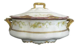 1920s Haviland Limoges France Gold Gilt & Red Floral Large Tureen W/Lid