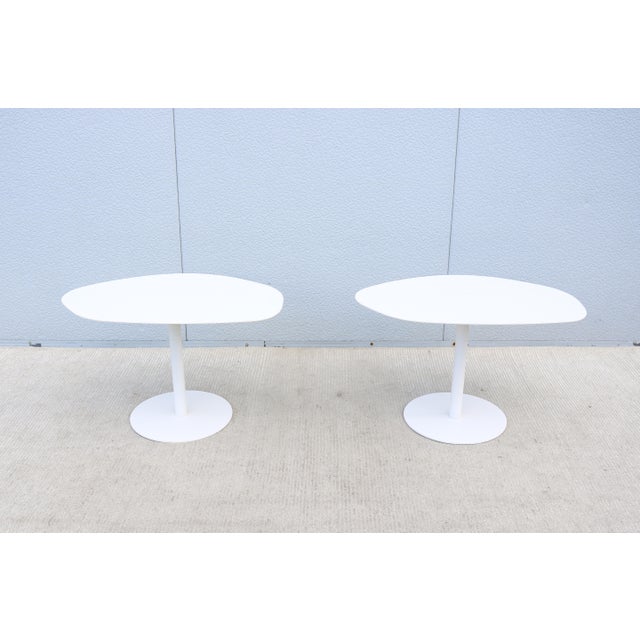Fabulous pair of mid-century modern style large organic forms steel occasional side tables in snow white color. Attributed...