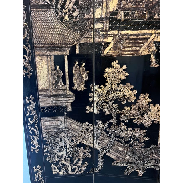 Wood Vintage Chinese Coromandel Black Lacquer 8-Panel Folding Screen With Gilt Court Scenes For Sale - Image 7 of 7
