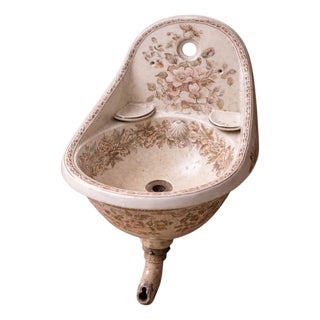 Antique French Romantic Floral Ceramic Wall Sink, 1900 For Sale