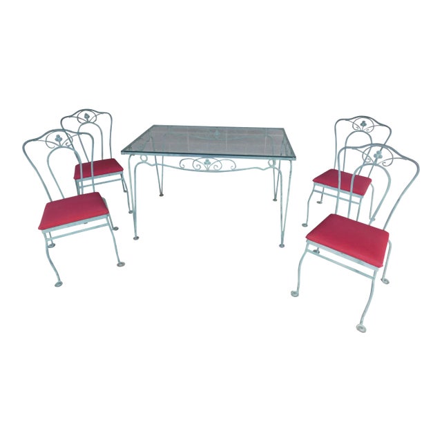 Vintage Woodard Style Wrought Iron Outdoor Dining Set For Sale