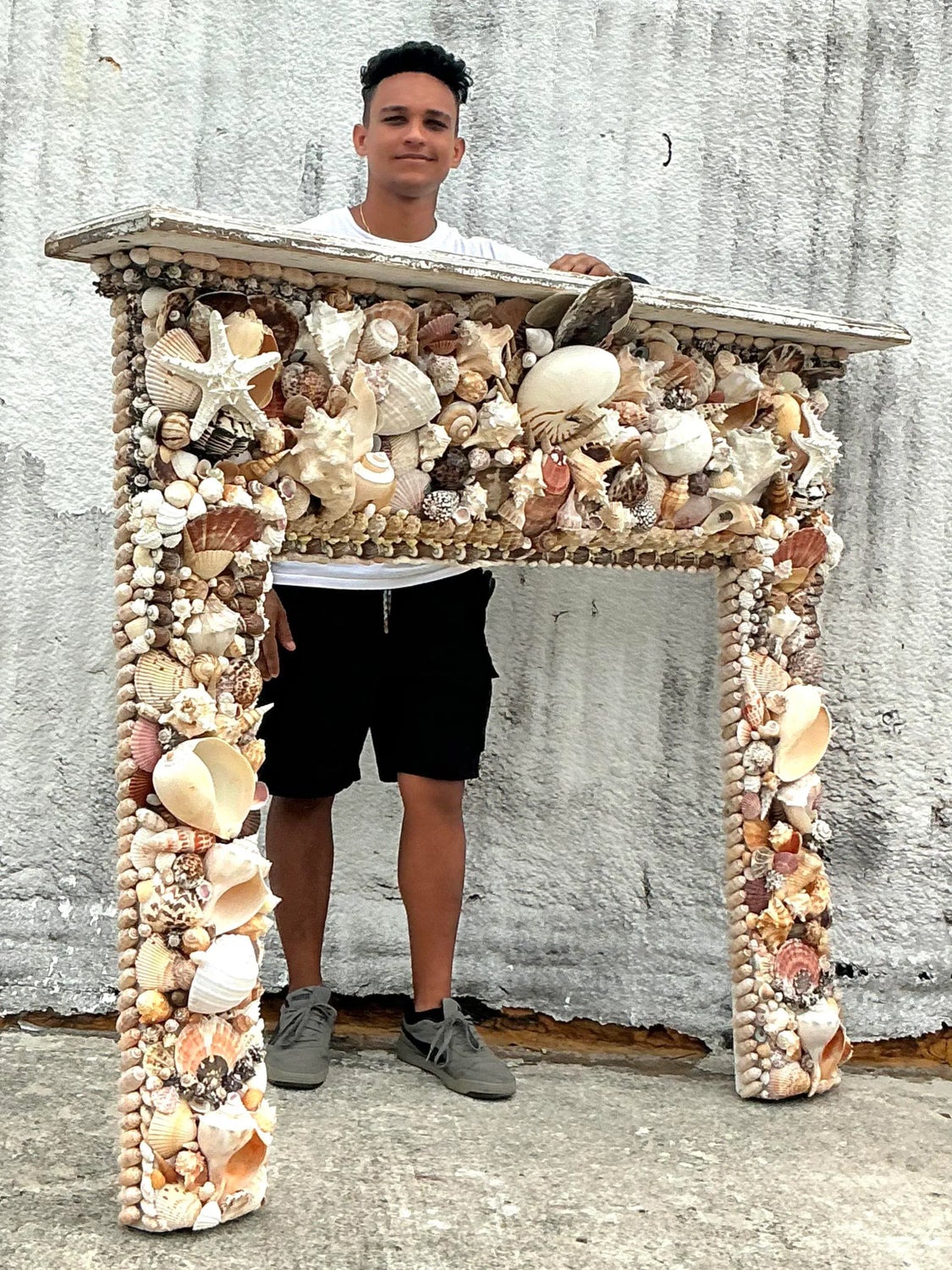 Vintage Boho Shell Encrusted Fireplace Surround - Back view