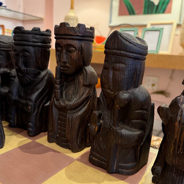 Vintage Mid-Century Carved Chess Board Coffee Table With Chess Pieces For Sale - Image 13 of 16