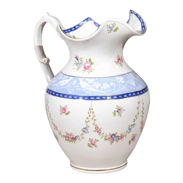 Vintage English Booth's China Pink Roses, Blue & White Pheasants Pitcher For Sale