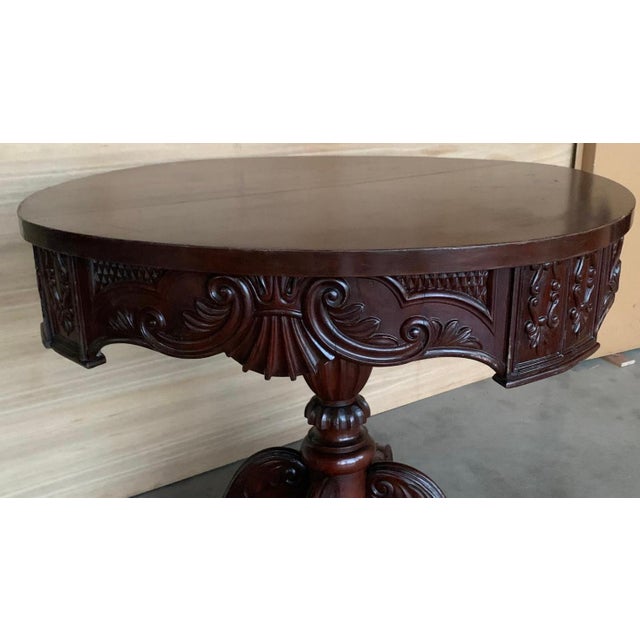 Victorian Early 20th Century French Victorian Mahogany Carved Round Center Pedestal Table For Sale - Image 3 of 18