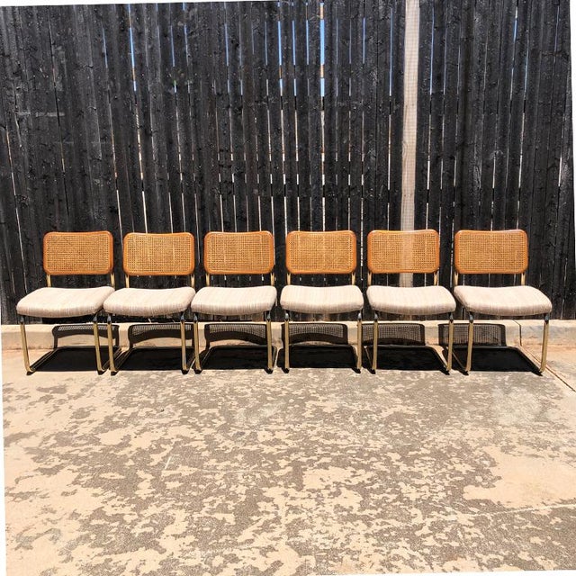 Beautiful set of cantilever Cane Marcel Breuer Bauhaus style tubular dining chairs with upholstered seats. A set of 6....