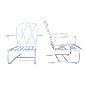Mid Century Modern Pair of White Woodard Outdoor Patio Bouncers Chattily Rose Pattern