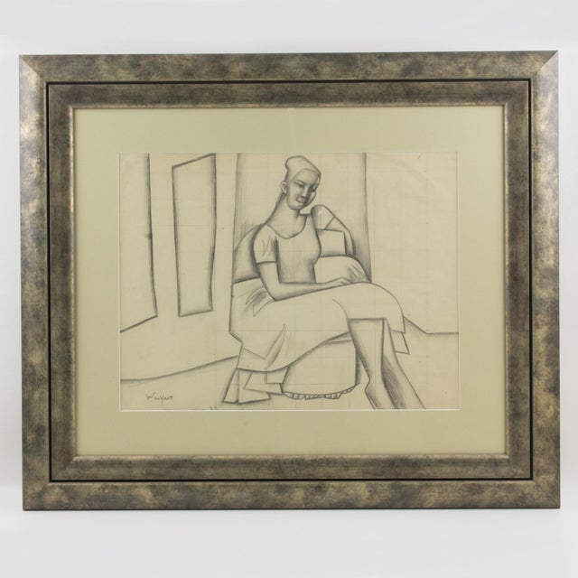 This interesting seated woman pencil study is by French artist Wouyart (20th Century). This unique representation captures...