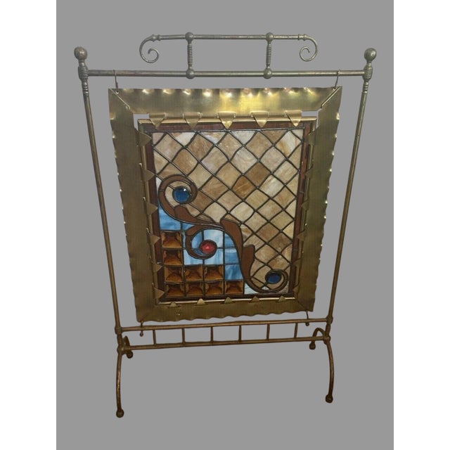 Antique Victorian Jeweled & Leaded Stained Glass Fireplace Screen For Sale - Image 4 of 11
