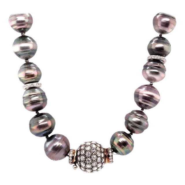 Black Baroque Pearl and Pave Diamond Long Chain Necklace. 100 14.9-12.1mm Pearls For Sale