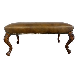 Antique French Louis XV Bench, Hand-Carved Wood & Brown Leather For Sale