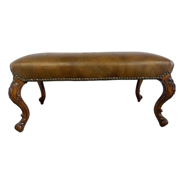Antique French Louis XV Bench, Hand-Carved Wood & Brown Leather For Sale