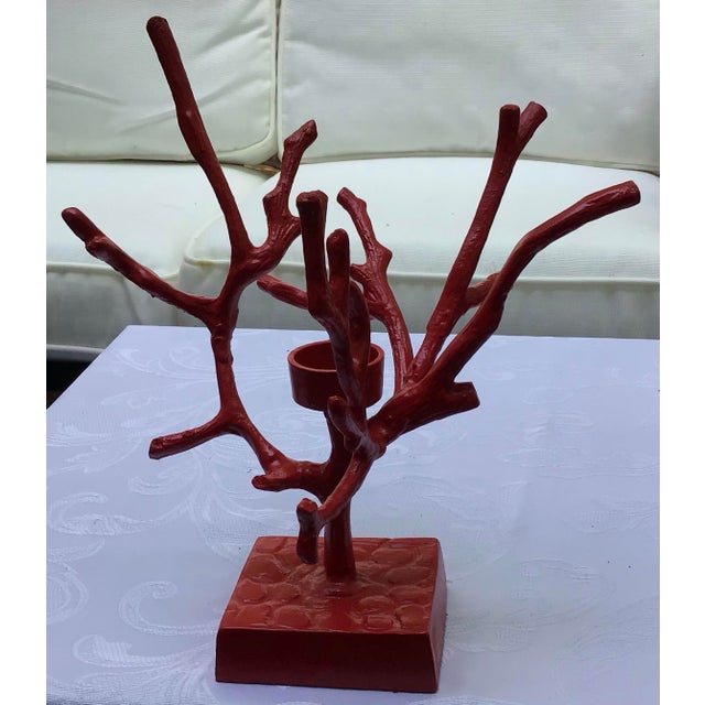 Set of 4, Vintage Faux Coral Candle Holder Decor Bundle in Red and Silver For Sale - Image 9 of 11