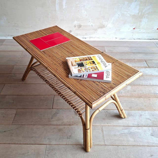 Boho Chic French Rattan Coffee Table with Tiles, 1960s For Sale - Image 3 of 11