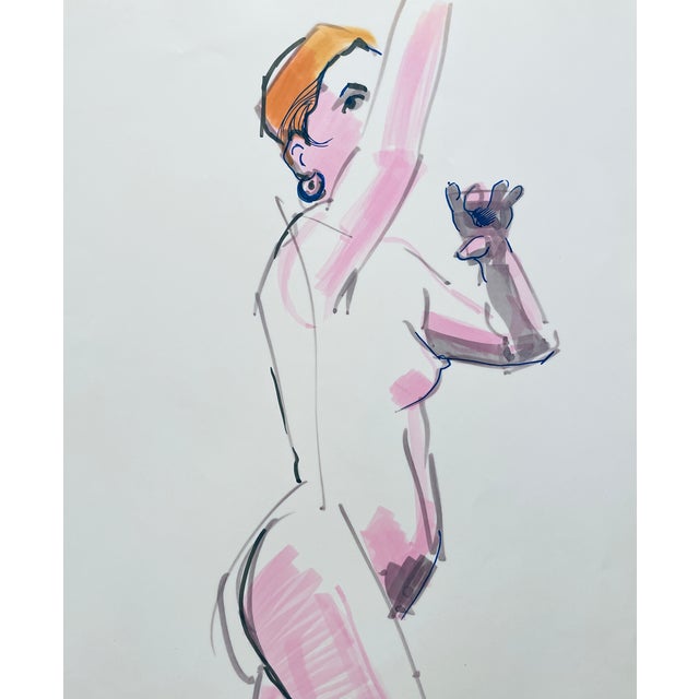1980s female nude marker and watercolor painting by Pennsylvania artist John Reilly (1942-2021). Estate stamp verso....