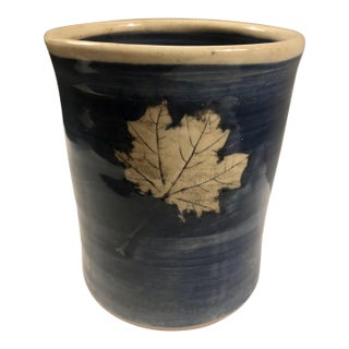 Blue Glaze Maple Leaf Utensil Holder / Vase, Signed For Sale