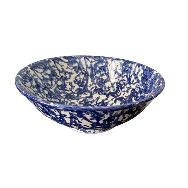 Pottery Barn Vintage Italian Stoviglierie Hand-Painted Blue & White Spongeware Ceramic Serving Bowl For Sale - Image 4 of 9