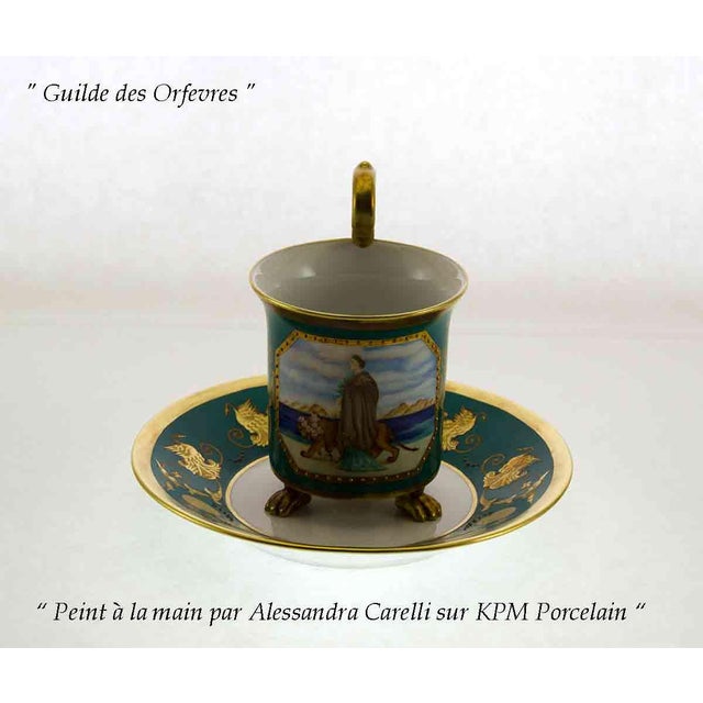 KPM Porcelain 1990’s Vintage/New KPM Collectors Cup & Saucer With Painting and Graceful Rosace Handle For Sale - Image 4 of 13