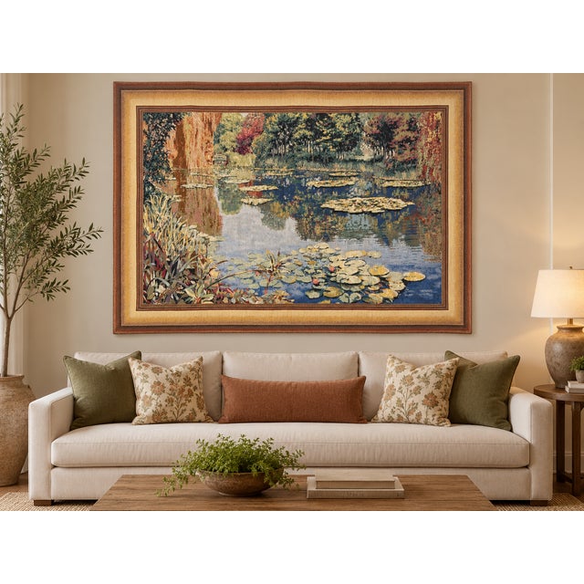 A large vintage Belgian jacquard tapestry depicting the celebrated water lily pond and gardens at Claude Monet’s Giverny...