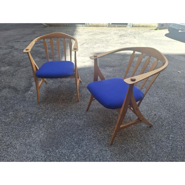 Mid-Century Modern Sun Feather Armchairs in Light Wood with Blue Seat by Sonna Rosen for Nassjo Stolfabrik, Set of 2 For Sale - Image 3 of 8