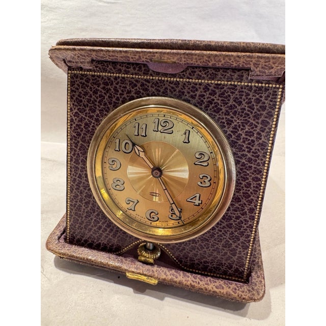 Antique Swiss Art Deco Travel or Desk Clock in Purple Leather Case For Sale - Image 10 of 12