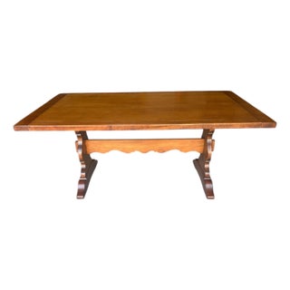 1970’s Ethan Allen Solid Rock Hard Maple Trestle Base Dining Table With Two End Extensions. For Sale