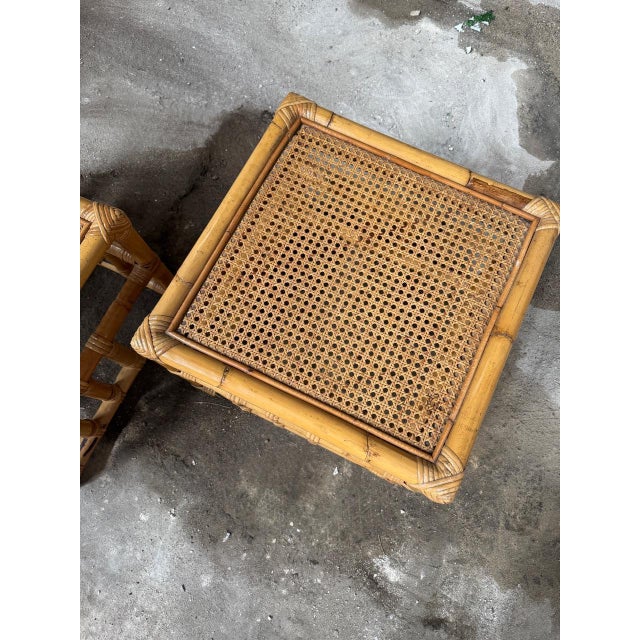 Mid-Century Modern Italian Bamboo Sofa Table with Vienna Straw Top in the style of Vivai Del Sud, 1960s, Set of 2 For Sale - Image 6 of 11