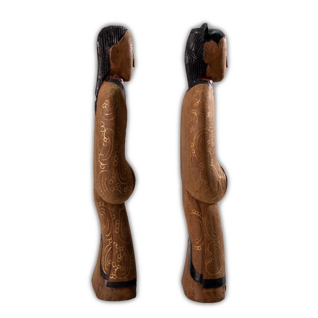 Late 20th Century Pair of Vintage Chinese Wood Hand Painted Lacquer Figurine Sculptures Shanghai For Sale - Image 5 of 14
