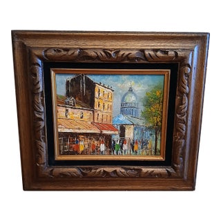 1990s Framed Cityscape Oil Painting on Board Signed by Artist For Sale