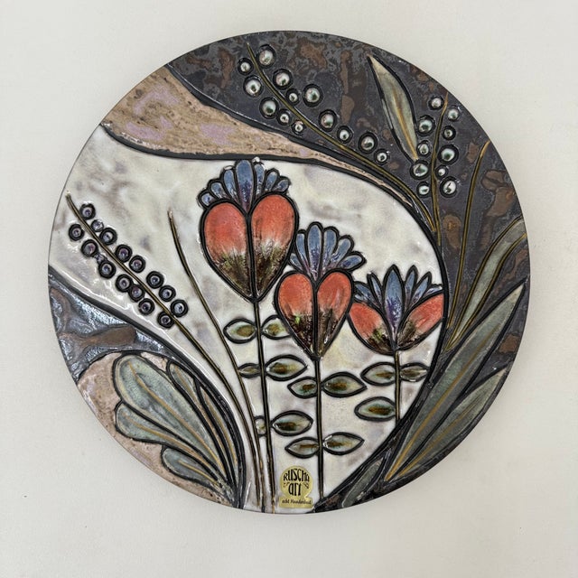 Ceramic Handmade Ceramic Floral Wall Plate from Ruscha, Germany, 1970s For Sale - Image 7 of 17