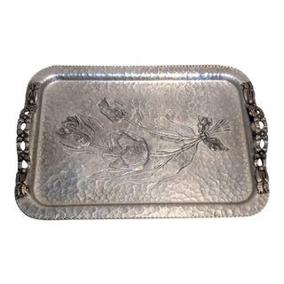 1960s Hammered Aluminum Floral Hand Wrought Creations Rodney Kent Serving Tray For Sale