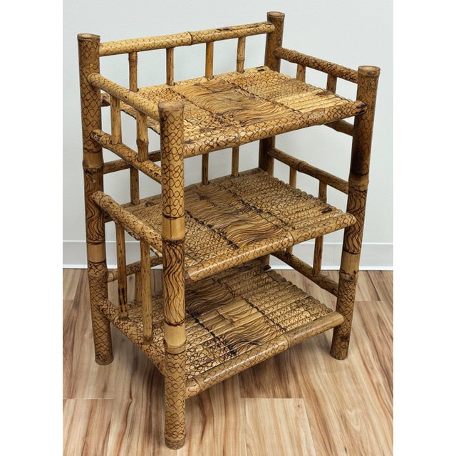 Vintage Scorched Bamboo Three Tier Etagere Shelf For Sale - Image 4 of 11