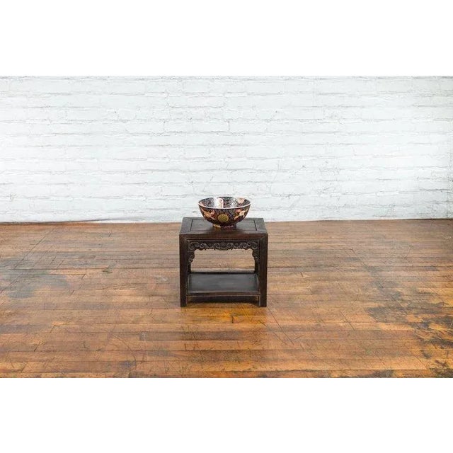 1900s Chinese Late Qing Dynasty Stool with Cloud-Carved Apron & Lower Shelf For Sale - Image 4 of 13