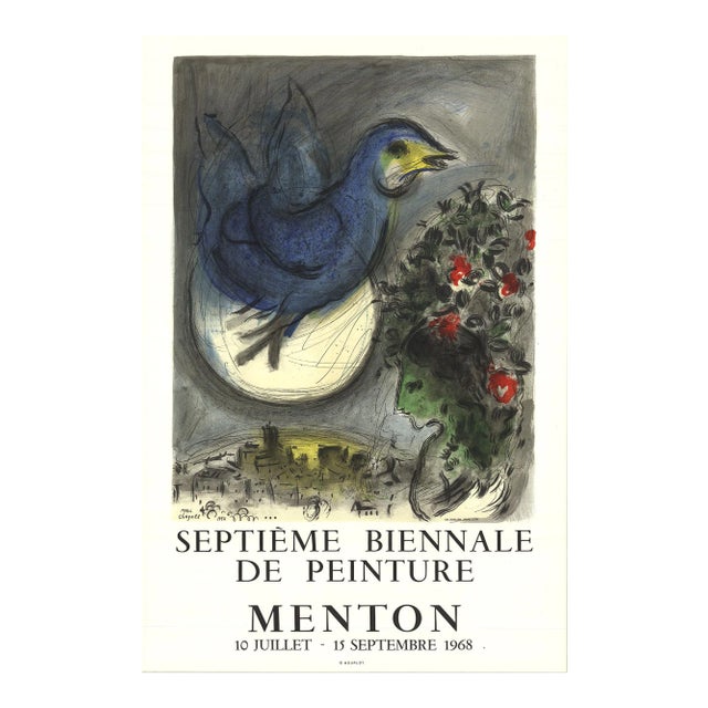 Marc Chagall the Bluebird (L'Oiseau Bleu) 30" X 20" Lithograph 1968 Modernism Gray, Blue, Green Bird, Flowers For Sale