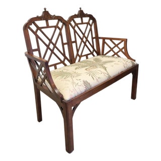 Vintage Chinese Chippendale Style Double-Back Walnut Settee With Botanical Upholstery For Sale
