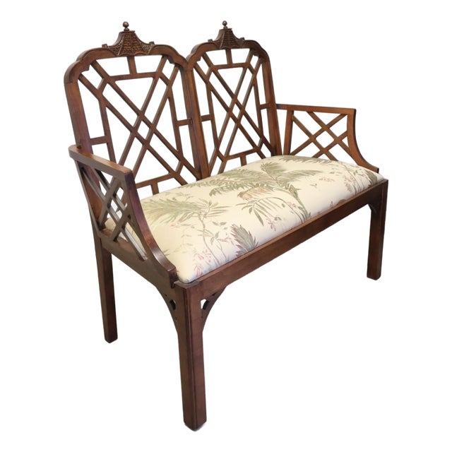 Vintage Chinese Chippendale Style Double-Back Walnut Settee With Botanical Upholstery For Sale